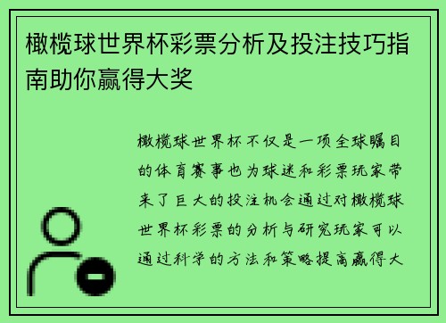 橄榄球世界杯彩票分析及投注技巧指南助你赢得大奖