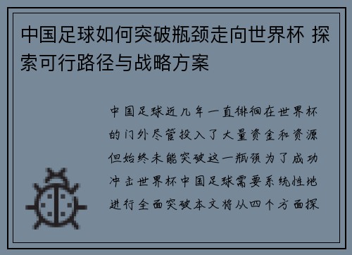 中国足球如何突破瓶颈走向世界杯 探索可行路径与战略方案